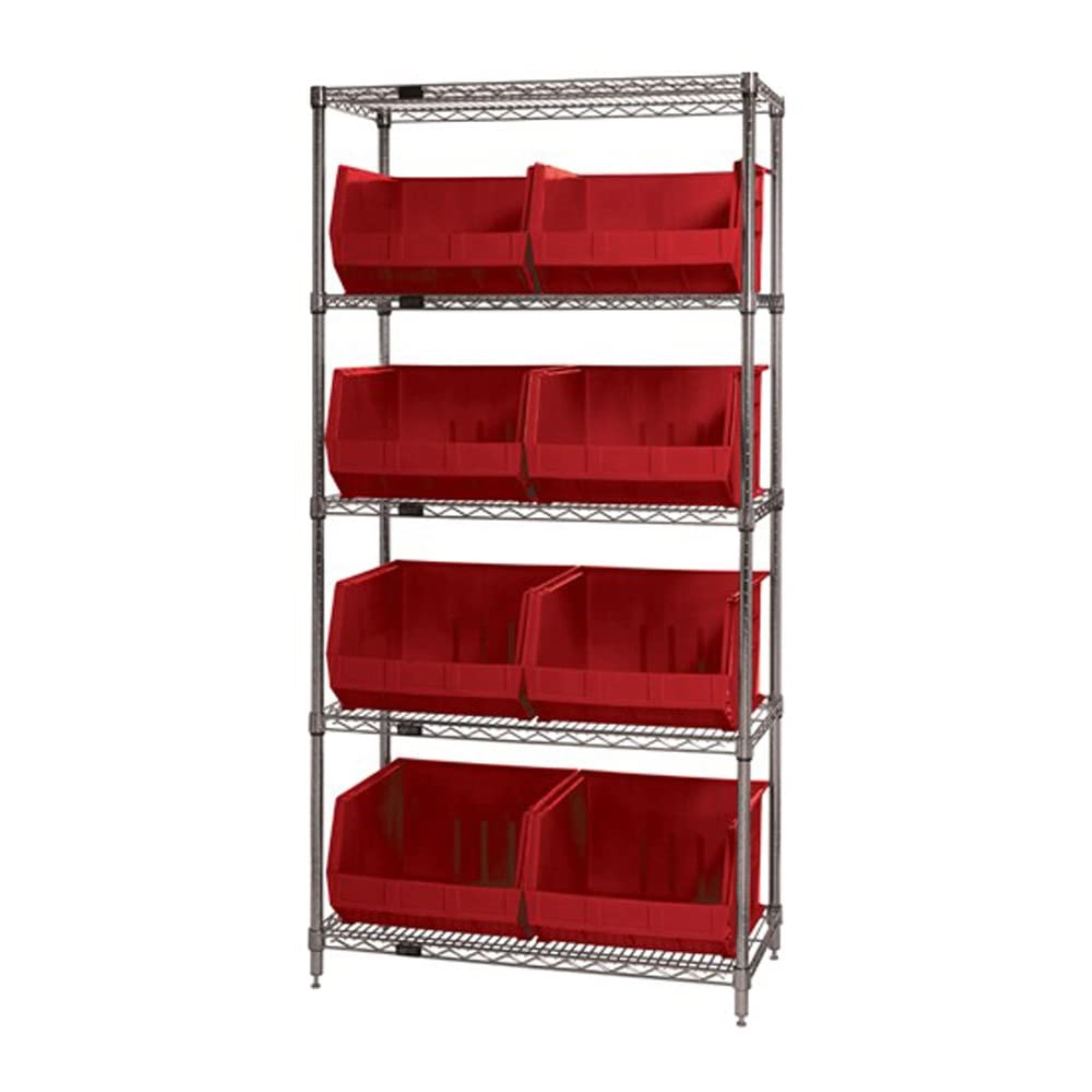 Bin Wire Shelving System, 42L x 18W x 74H, 800 lbs capacity per shelf, includes: (5) shelves and (8) QUS270 red bins, chrome pla