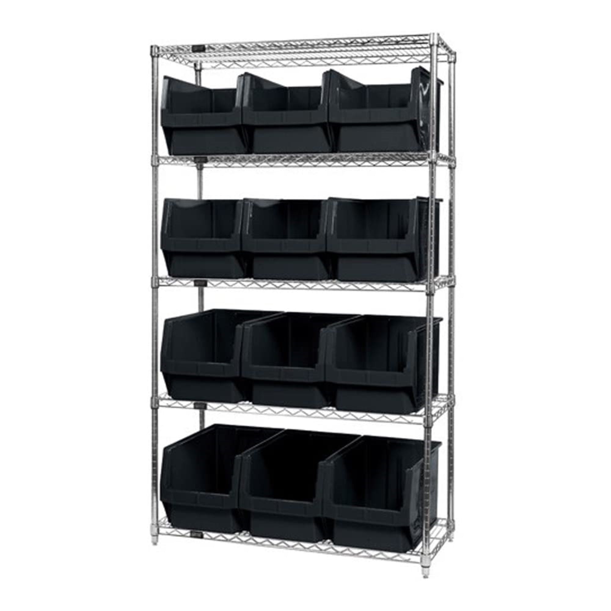 Bin Wire Shelving System, 42W x 18D x 74H, 800 lbs load capacity per shelf, includes: (5) shelves and (12) QMS533 black bins, ch