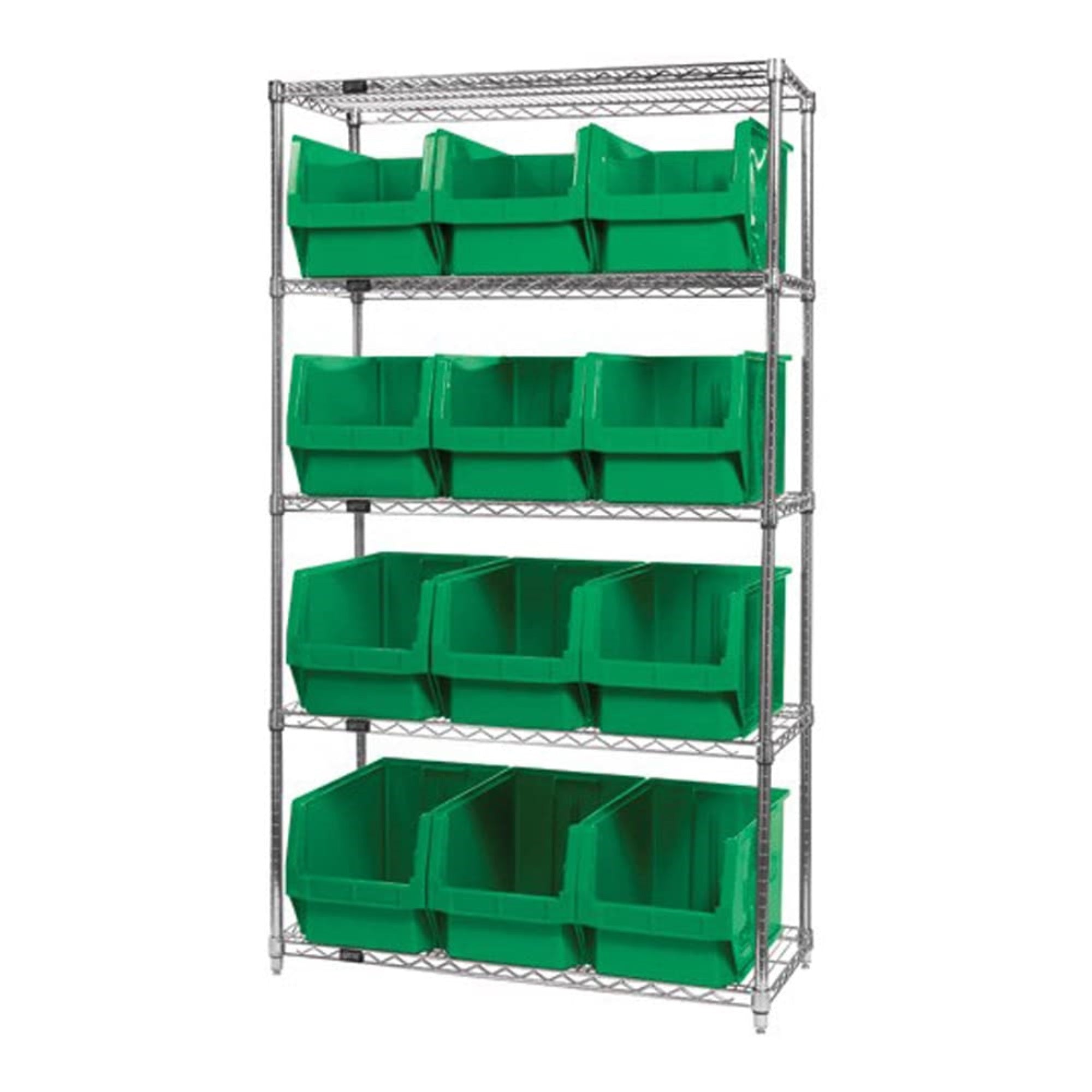 Bin Wire Shelving System, 42W x 18D x 74H, 800 lbs load capacity per shelf, includes: (5) shelves and (12) QMS533 green bins, ch
