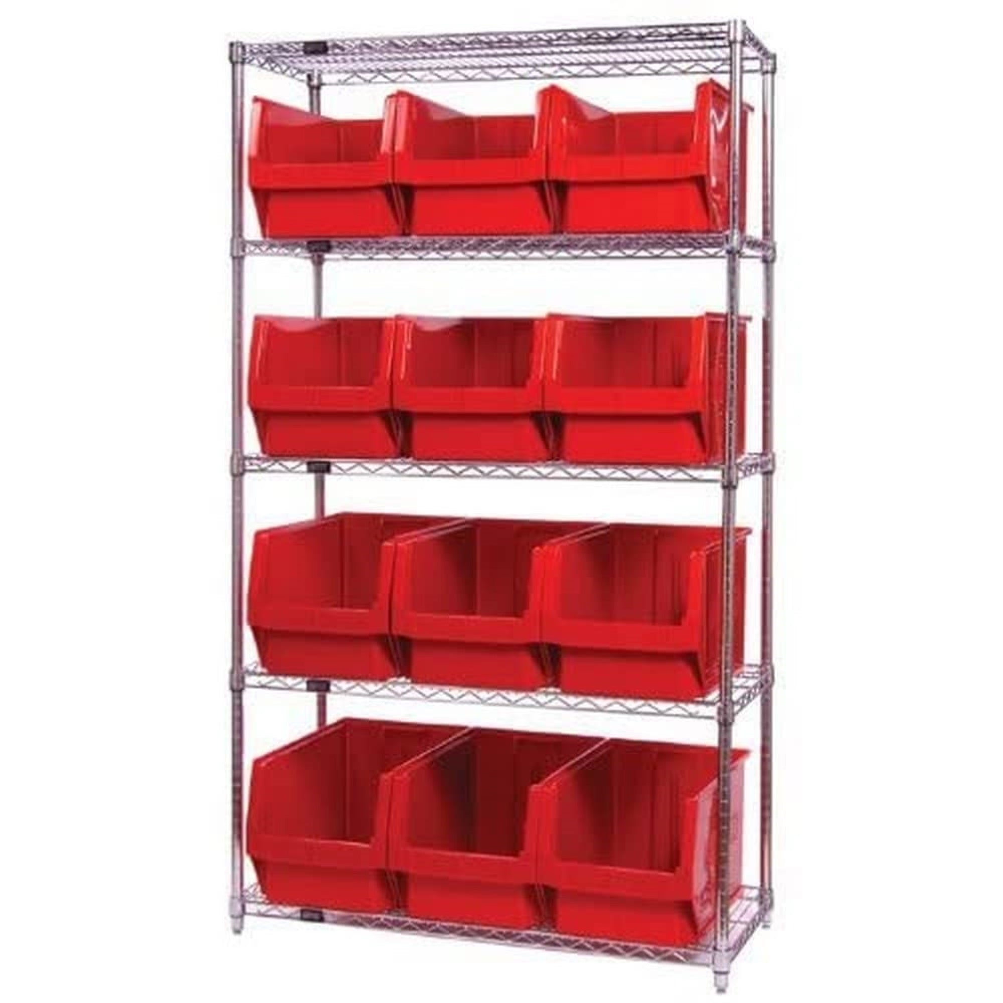 Bin Wire Shelving System, 42W x 18D x 74H, 800 lbs load capacity per shelf, includes: (5) shelves and (12) QMS533 red bins, chro