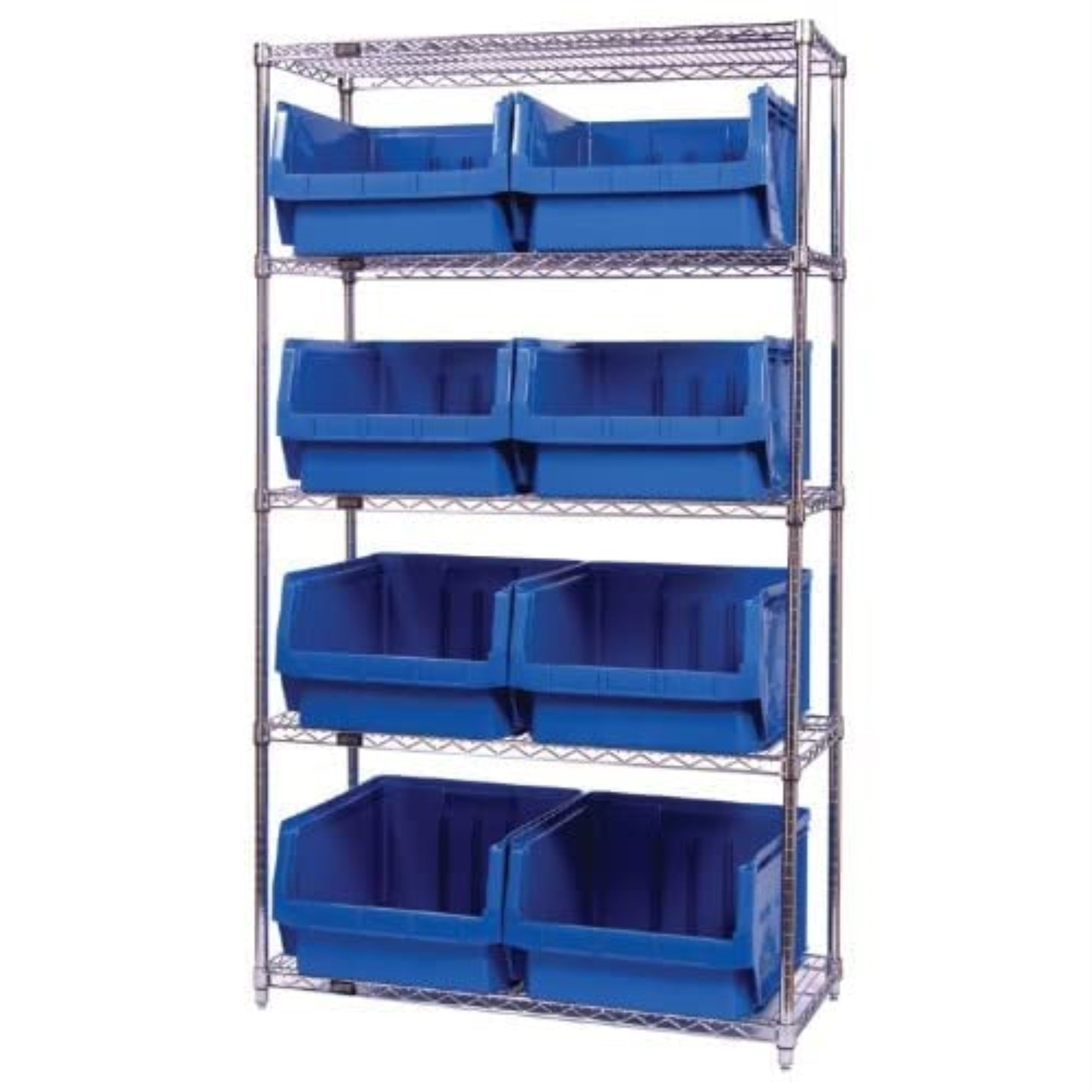 Bin Wire Shelving System, 42W x 18D x 74H, 800 lbs load capacity per shelf, includes: (5) shelves and (8) QMS543 black bins, chr