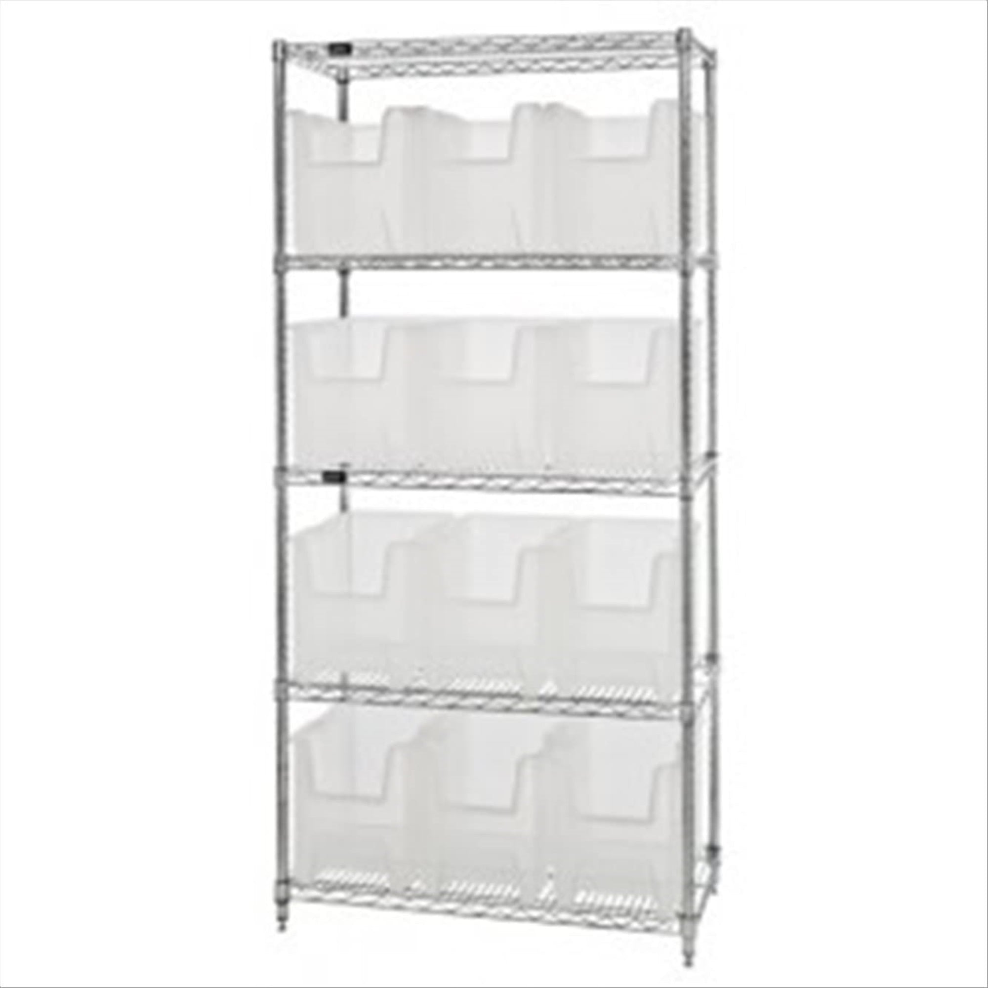 Bin Wire Shelving System, 36W x 18D x 74H, 800 lbs load capacity per shelf, includes: (5) shelves and (12) QGH600 clear bins, ch