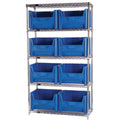 Bin Wire Shelving System, 42W x 18D x 74H, 800 lbs load capacity per shelf, includes: (5) shelves and (8) QGH700 black bins, chr