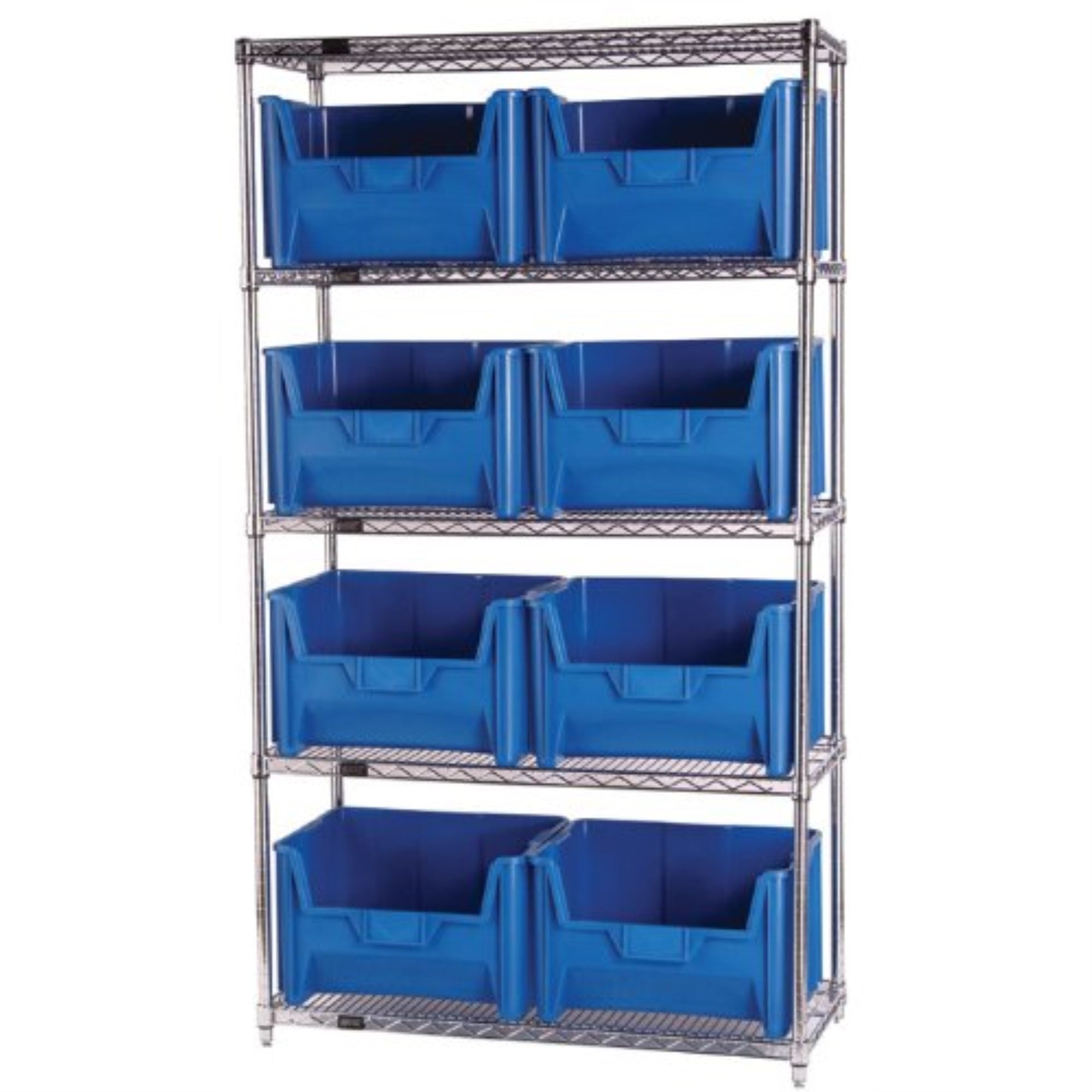 Bin Wire Shelving System, 42W x 18D x 74H, 800 lbs load capacity per shelf, includes: (5) shelves and (8) QGH700 black bins, chr