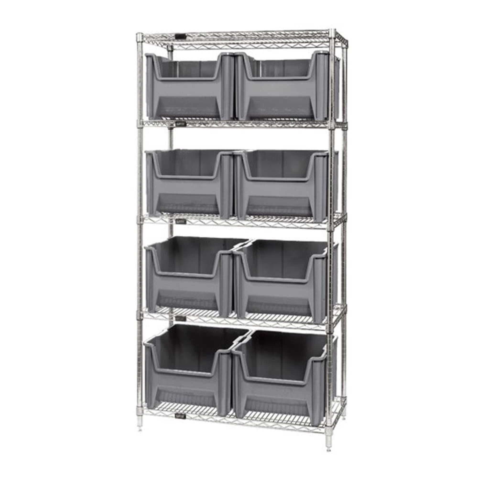 Bin Wire Shelving System, 36W x 18D x 74H, 800 lbs load capacity per shelf, includes: (5) shelves and (8) QGH800 gray bins, chro