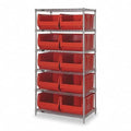 Bin Wire Shelving System, 42W x 30D x 74H, 800 lbs load capacity per shelf, includes: (5) shelves and (8) QUS975 red bins, chrom