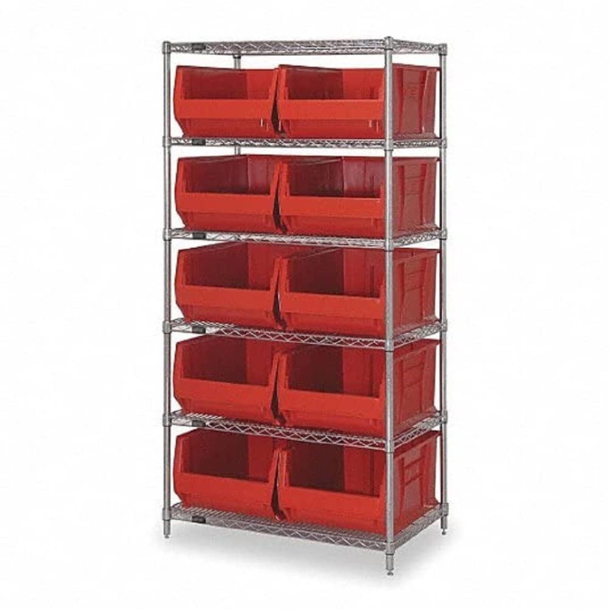 Bin Wire Shelving System, 42W x 30D x 74H, 800 lbs load capacity per shelf, includes: (5) shelves and (8) QUS975 red bins, chrom