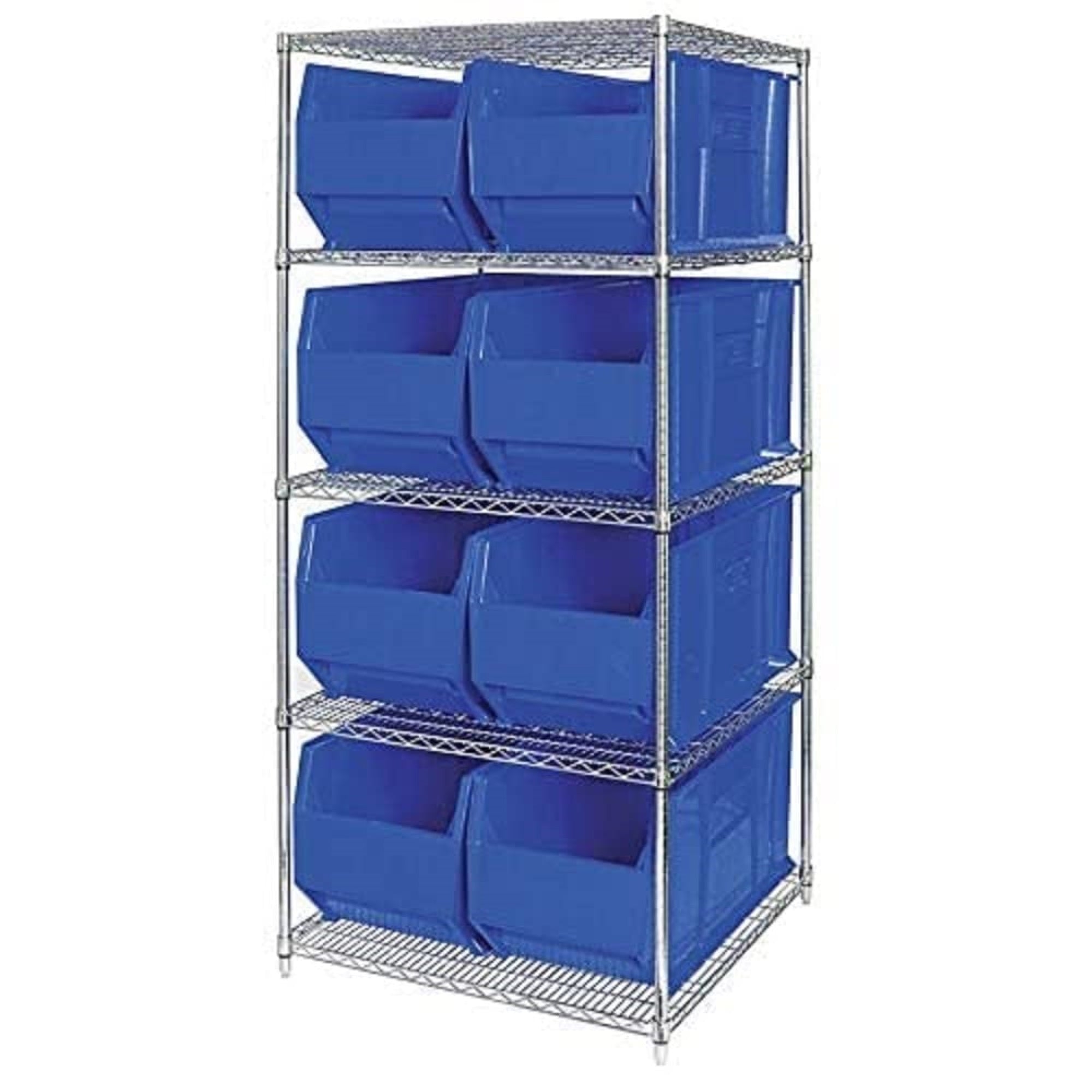 Bin Wire Shelving System, 36W x 36D x 74H, 800 lbs load capacity per shelf, includes: (5) shelves and (8) QUS993 blue bins, chro