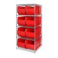 Bin Wire Shelving System, 36W x 36D x 74H, 800 lbs load capacity per shelf, includes: (5) shelves and (8) QUS993 red bins, chrom