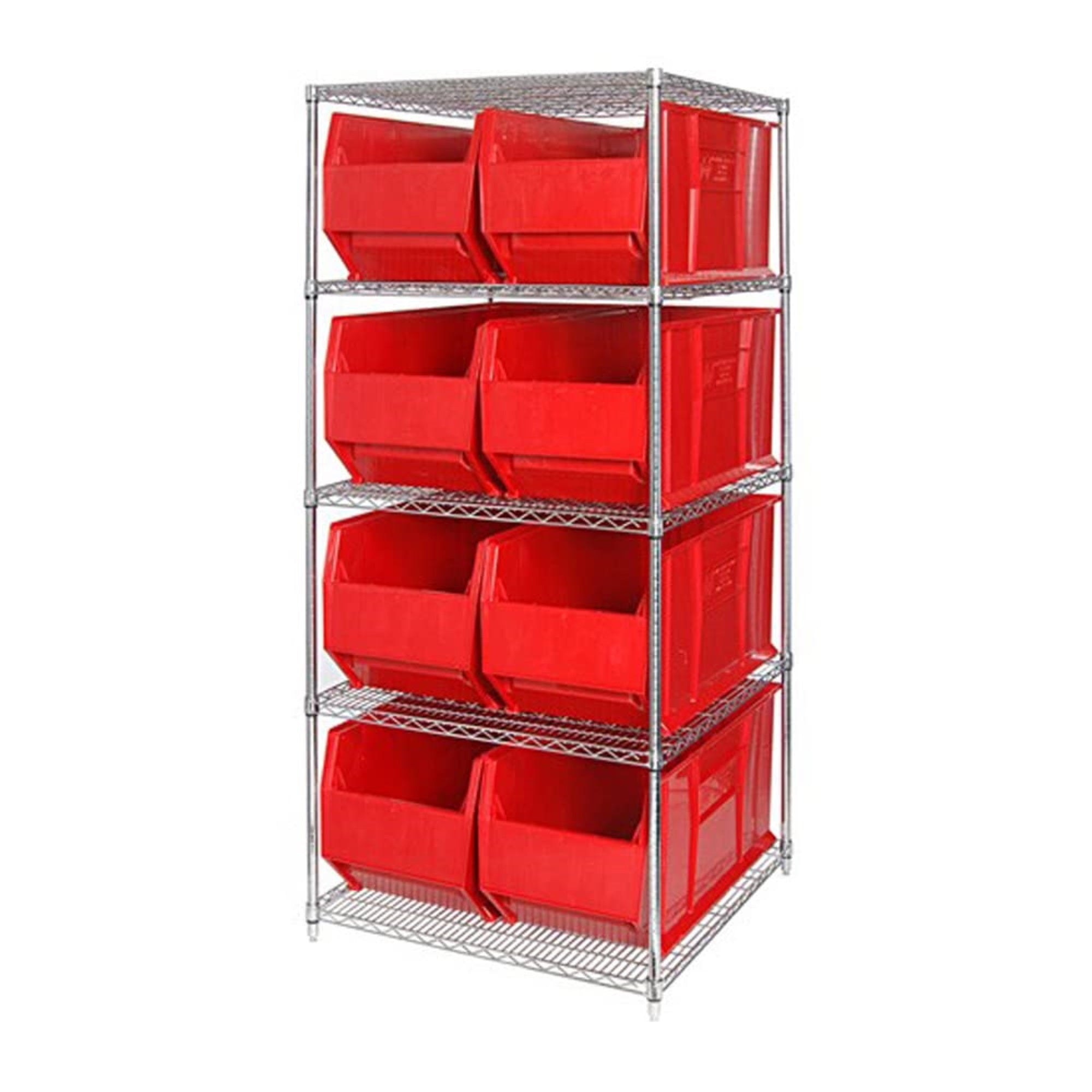 Bin Wire Shelving System, 36W x 36D x 74H, 800 lbs load capacity per shelf, includes: (5) shelves and (8) QUS993 red bins, chrom