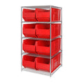Bin Wire Shelving System, 60W x 36D x 74H, 600 lbs load capacity per shelf, includes: (5) shelves and (8) QUS993 red bins, chrom