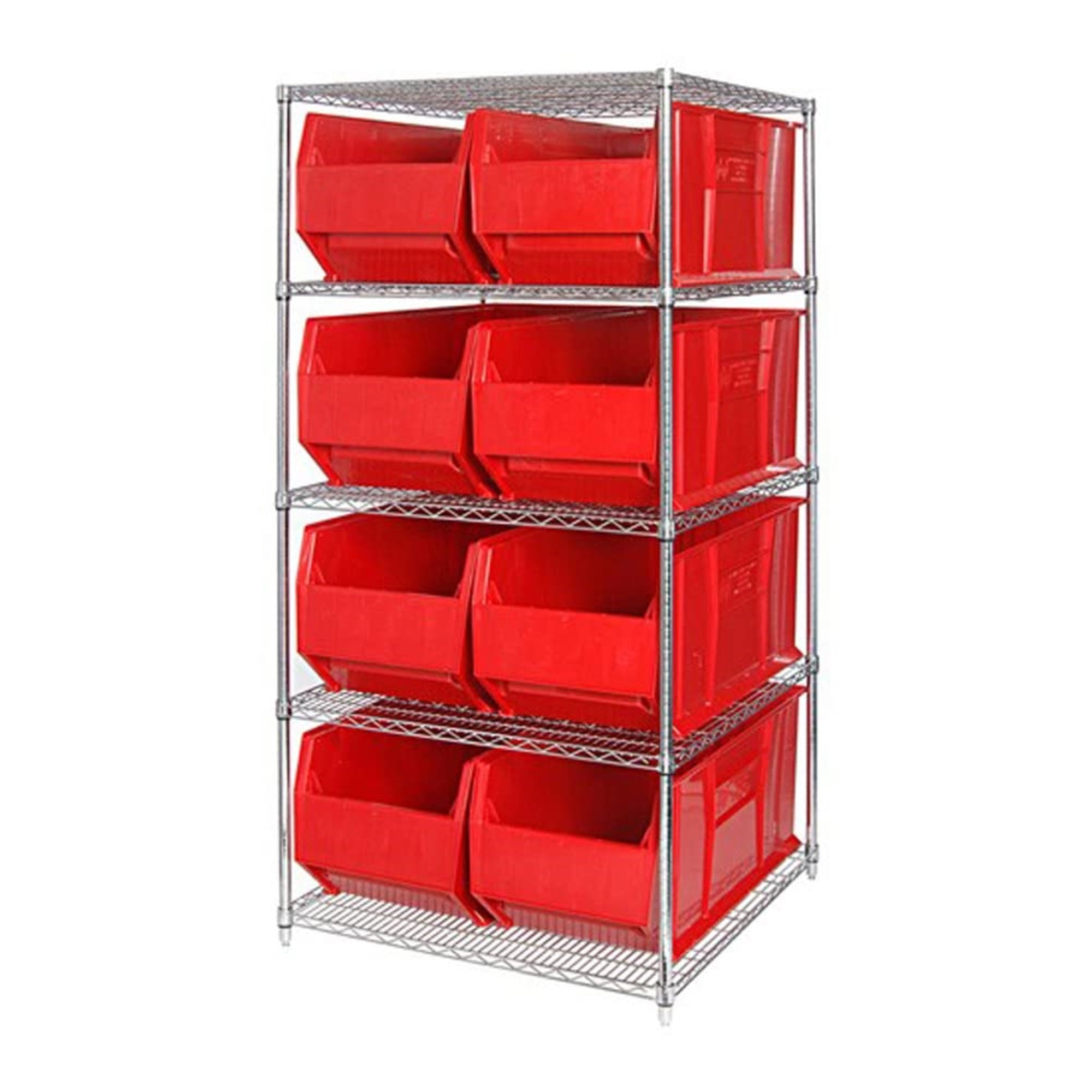 Bin Wire Shelving System, 60W x 36D x 74H, 600 lbs load capacity per shelf, includes: (5) shelves and (8) QUS993 red bins, chrom