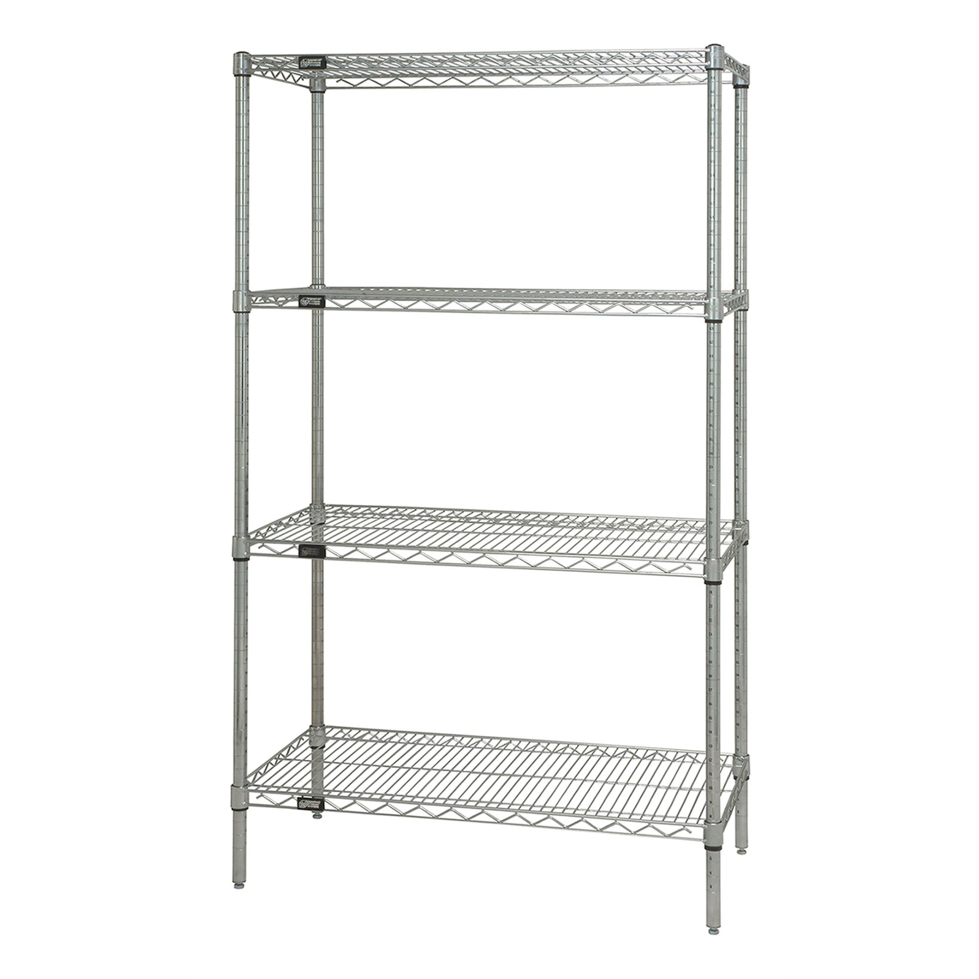 Wire Shelving Starter Kit, 72W x 24D x 54H, 600 - 800 lb. capacity, includes (4) wire shelves and (4) posts, chrome plated finis