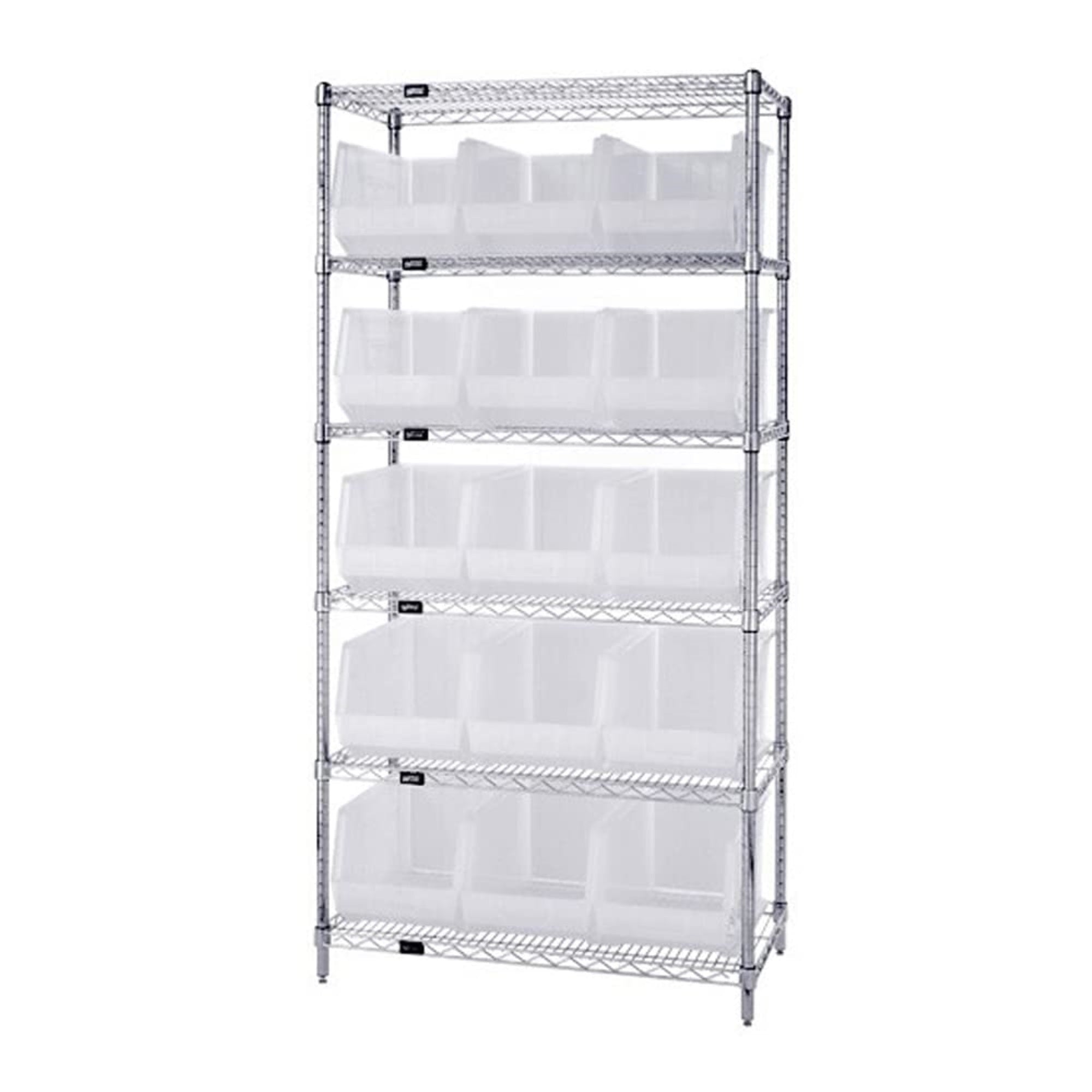 Bin Wire Shelving System, 36L x 18D x 74H, 800 lbs load capacity per shelf, includes: (6) shelves and (15) QUS260 clear containe