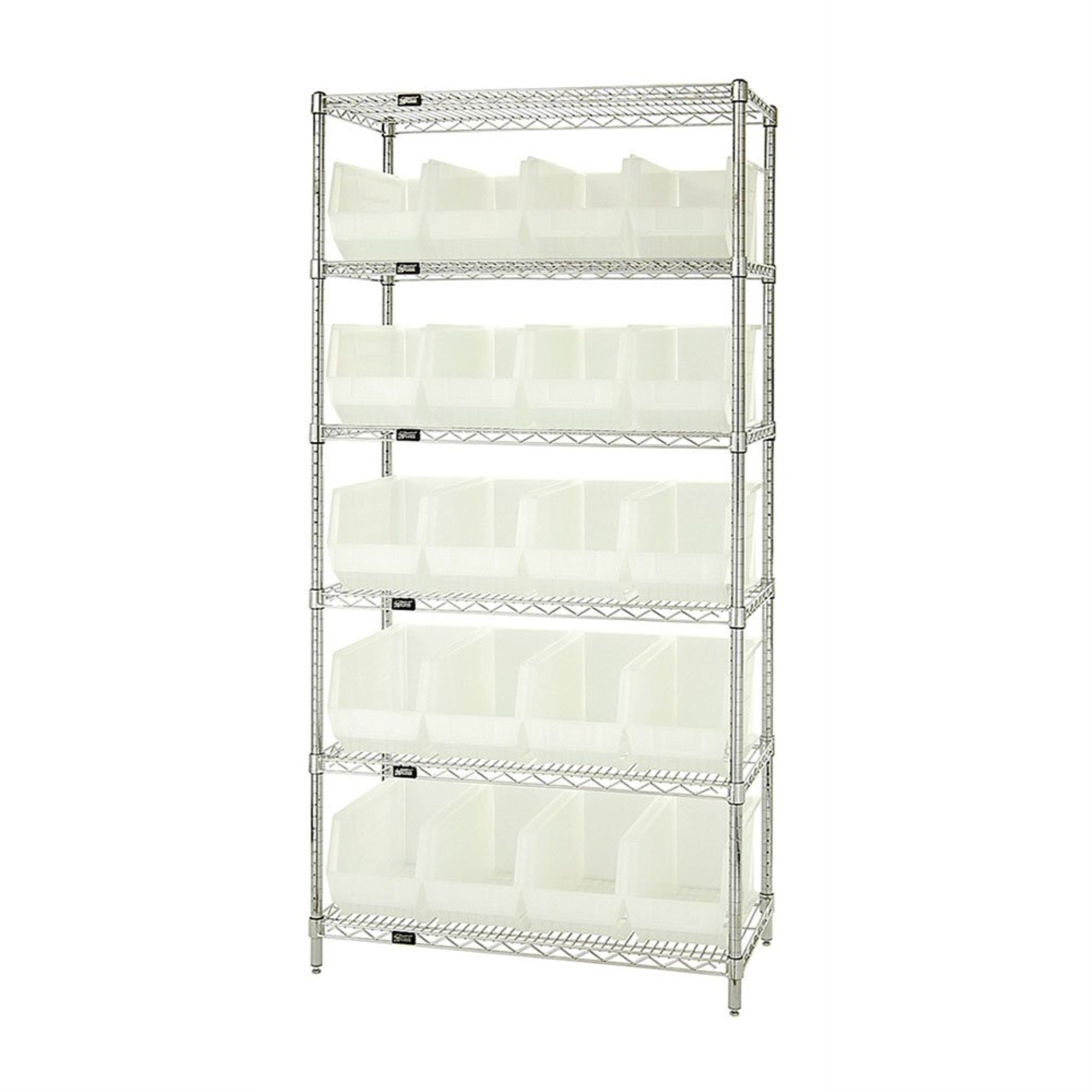 Bin Wire Shelving System, 36L x 18D x 74H, 800 lbs load capacity per shelf, includes: (6) shelves and (20) QUS265 clear containe