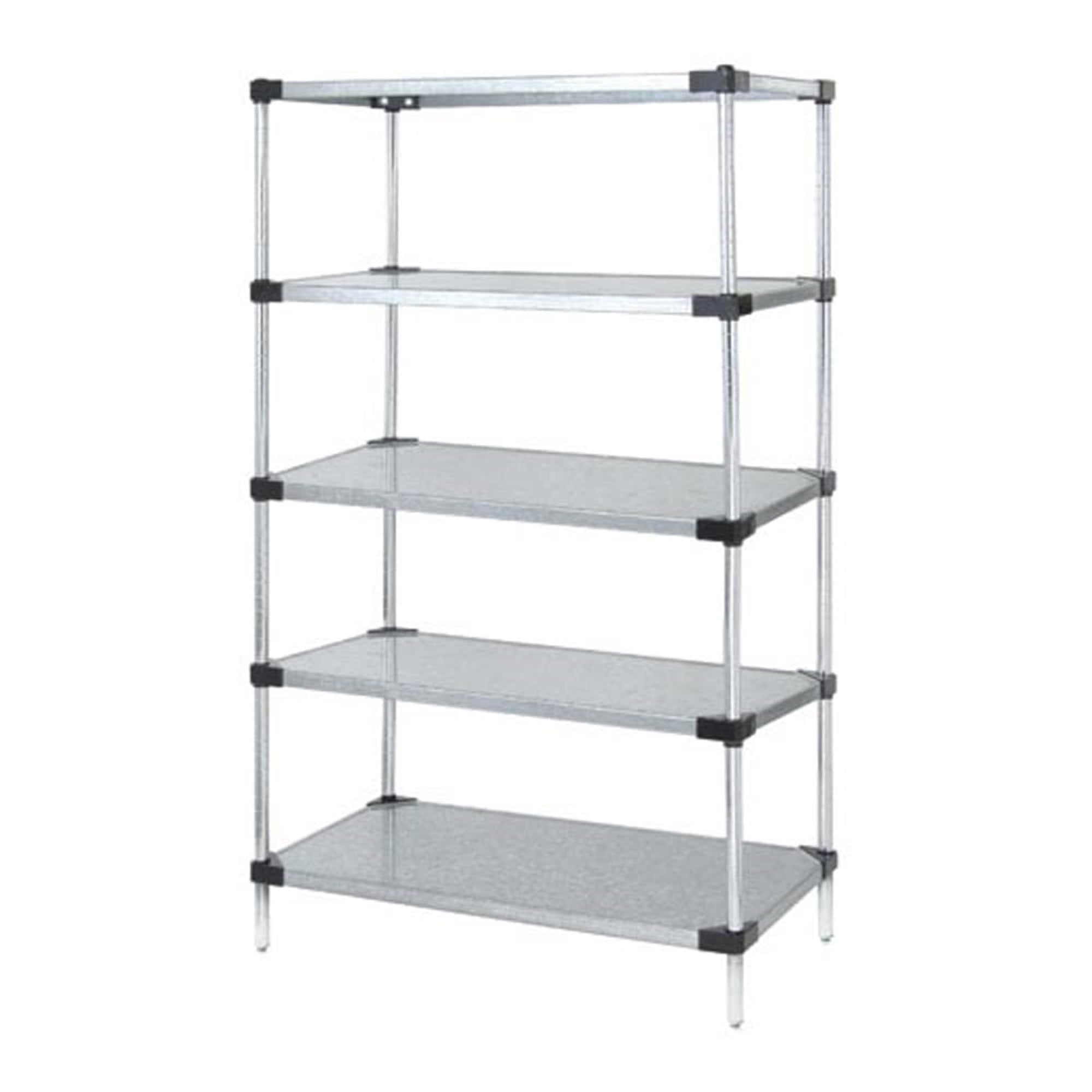 Solid Shelving Starter Kit, 60W x 18D x 63H, 300 - 600 lb. capacity, includes (5) solid shelves and (4) posts, galvanized steel,