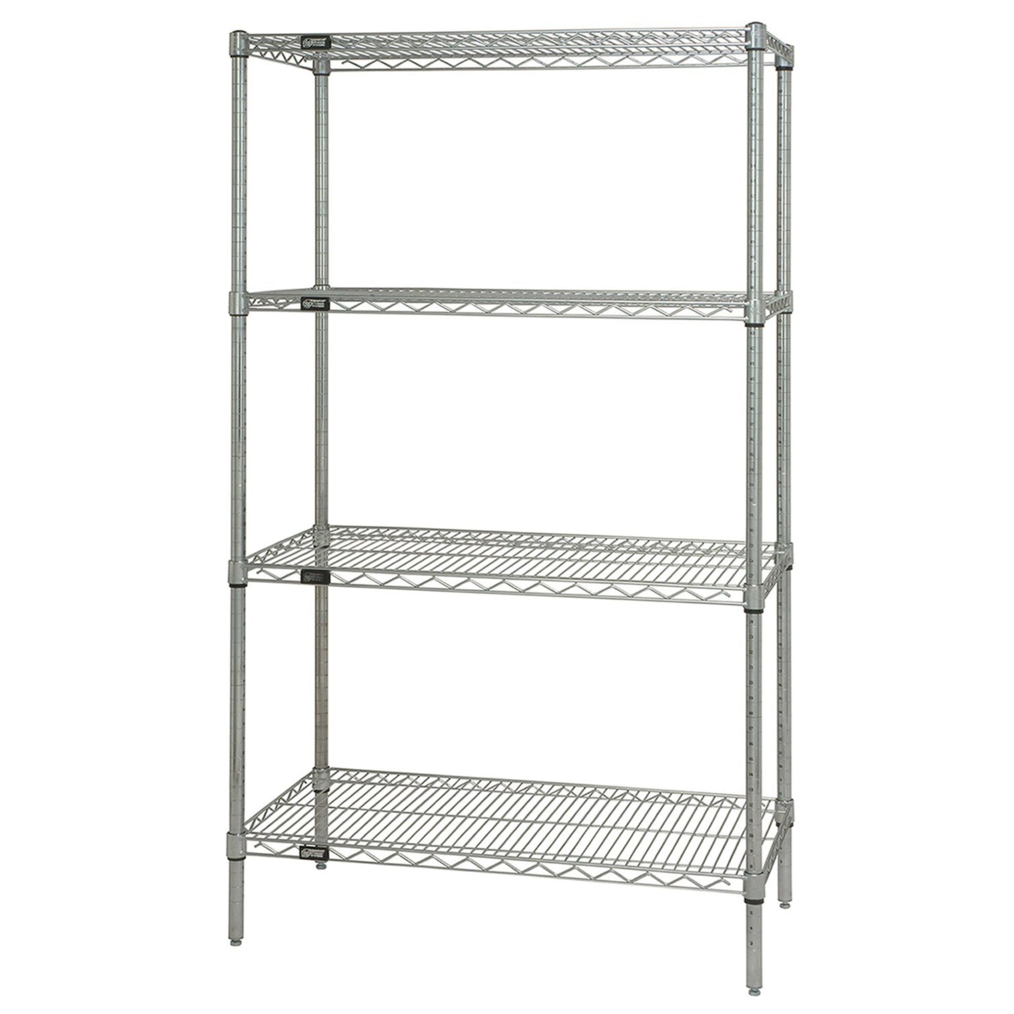 Wire Shelving Starter Kit, 48W x 24D x 63H, 600 - 800 lb. capacity, includes (4) wire shelves and (4) posts, chrome plated finis