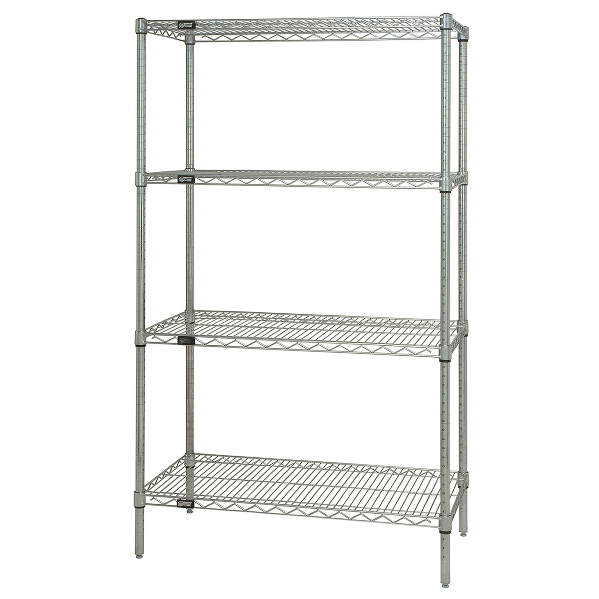 Wire Shelving Starter Kit, 72W x 24D x 63H, 600 - 800 lb. capacity, includes (4) wire shelves and (4) posts, chrome plated finis