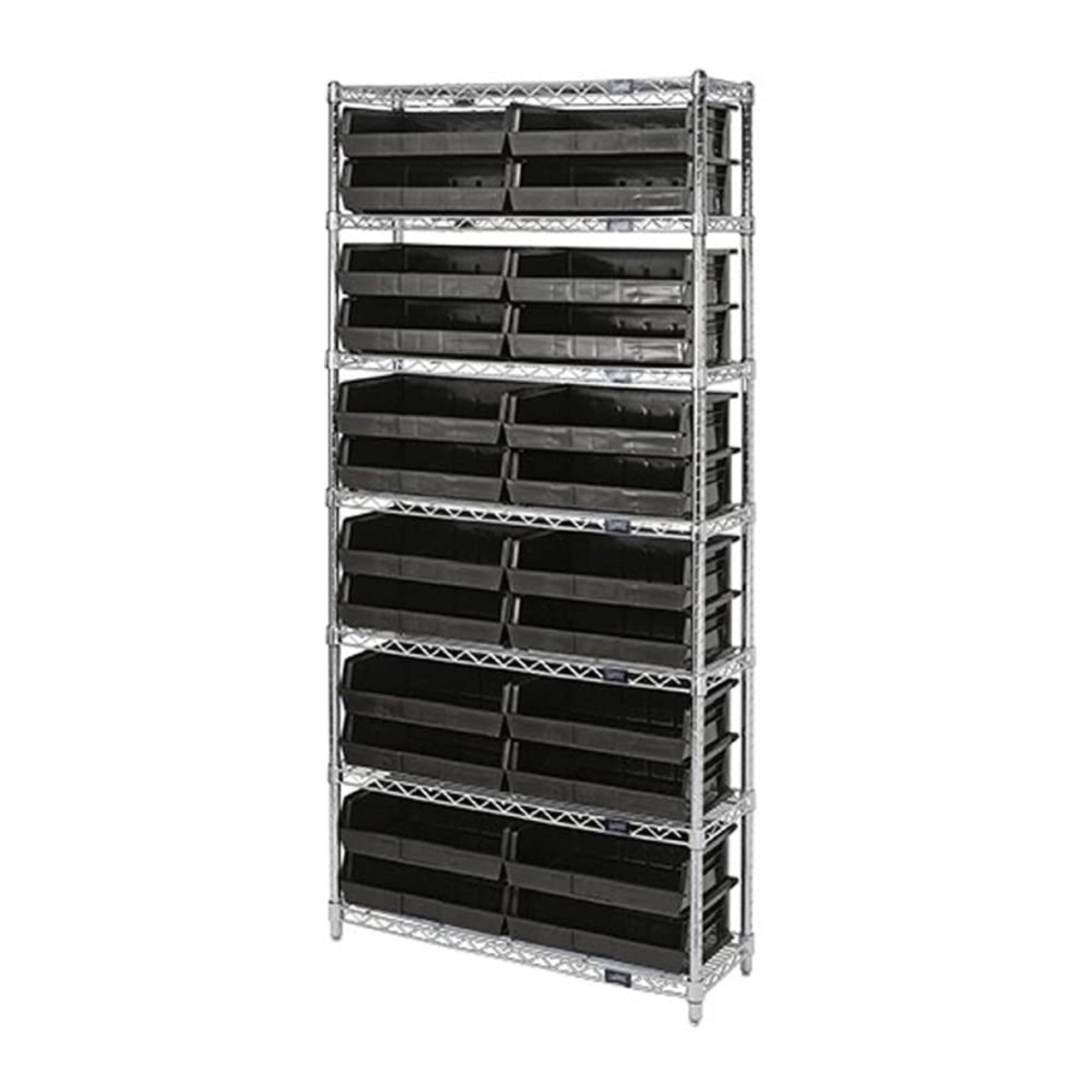 Bin Wire Shelving System, 36W x 12D x 74H overall size, 800 lb. capacity per shelf, includes: (7) wire shelves, (4) posts, and (