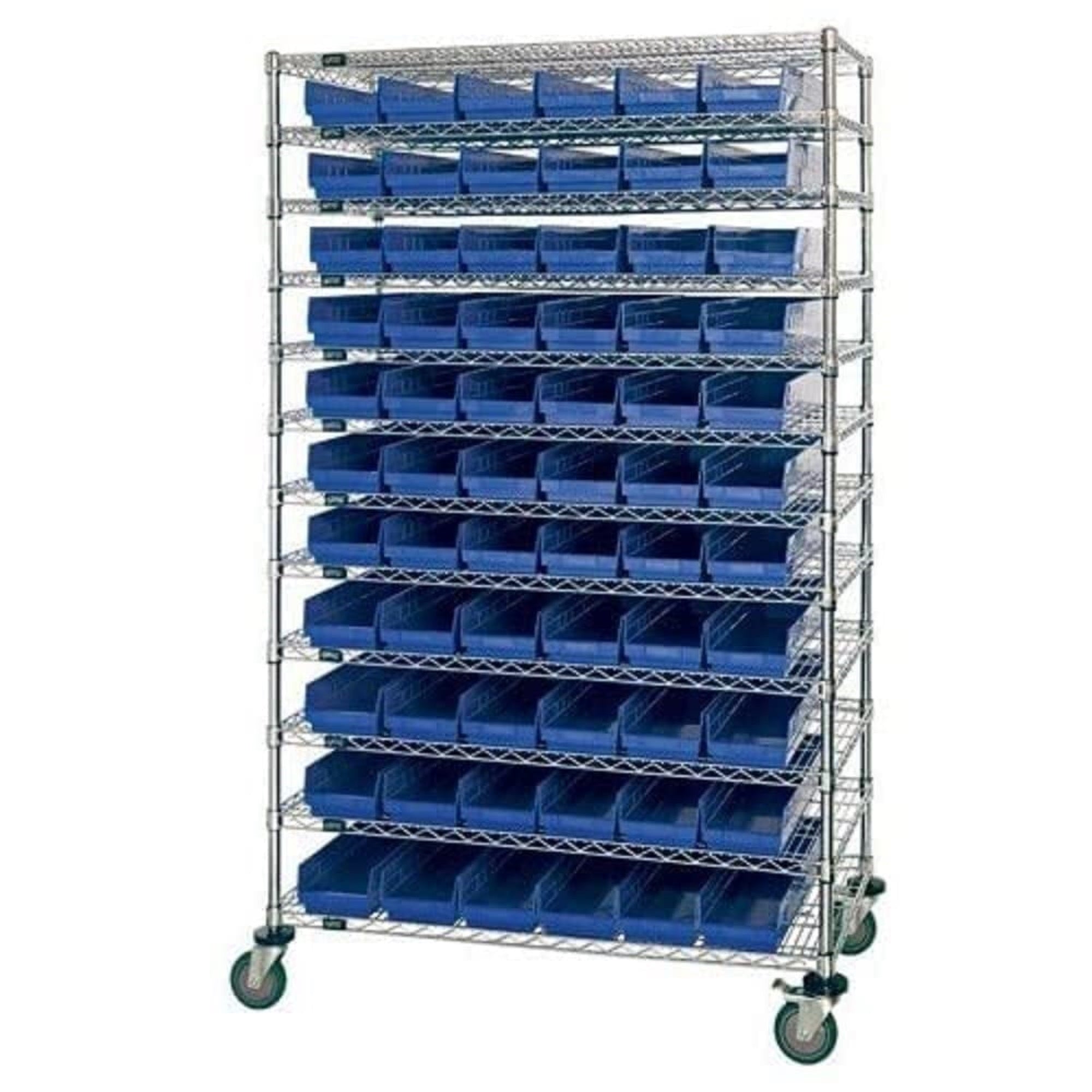 Bin Wire Shelving System, 48L x 12D x 74H, 800 lbs load capacity per shelf, includes: (12) shelves and (110) QSB101 clear bins, 