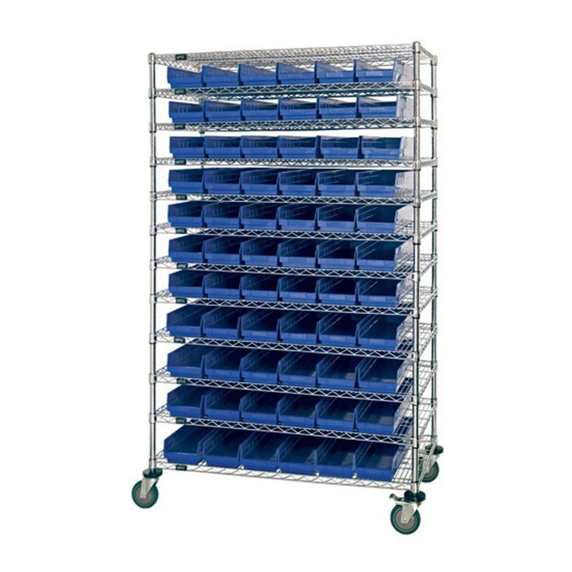Bin Wire Shelving System, 48L x 18D x 74H, 800 lbs load capacity per shelf, includes: (12) shelves and (110) QSB103 red bins, ch