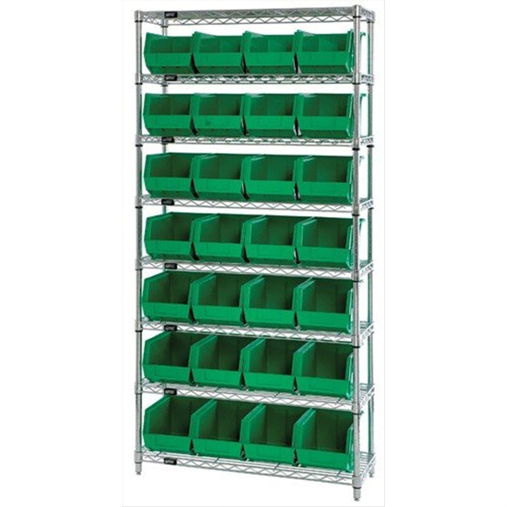 Bin Systems Unit, stationary, includes: (4) posts, (8) wire shelves & (21) 23-7/8L x 11W x 7H yellow bins (QUS952), chrome plate