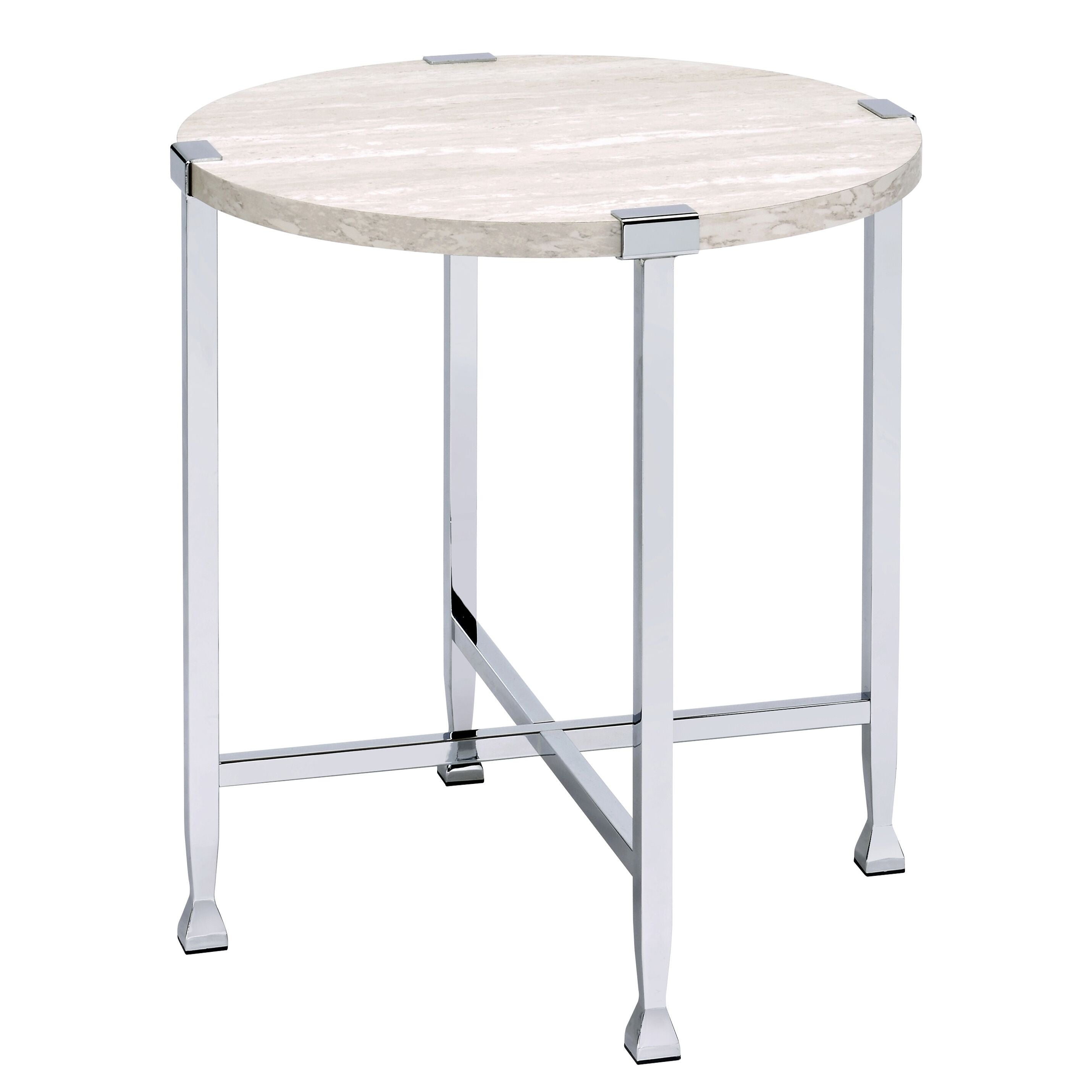 White Oak and Chrome End Table with X Shape Base
