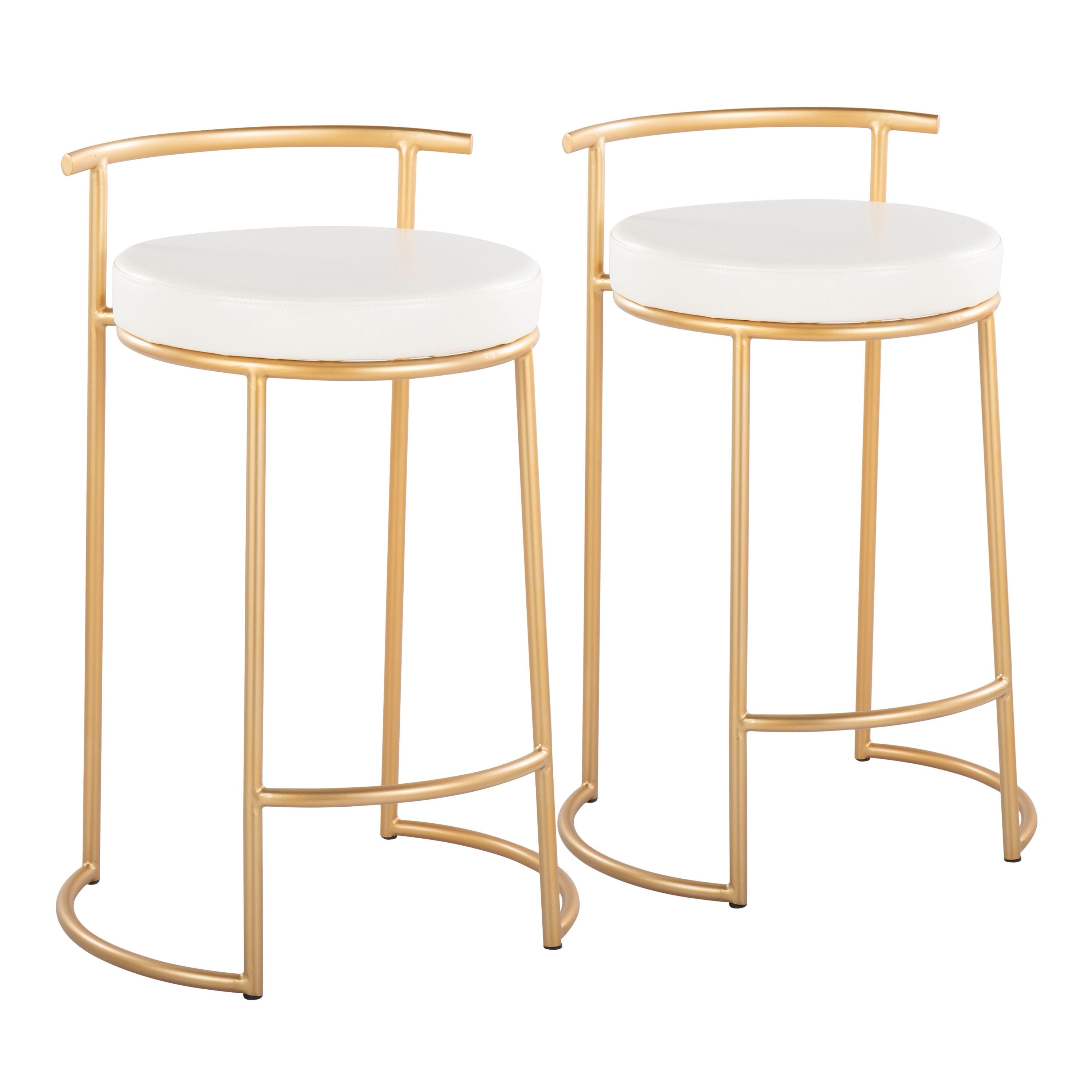 Round Fuji 26 Contemporary Fixed-Height Counter Stool in Gold Metal and White Faux Leather by LumiSource - Set of 2