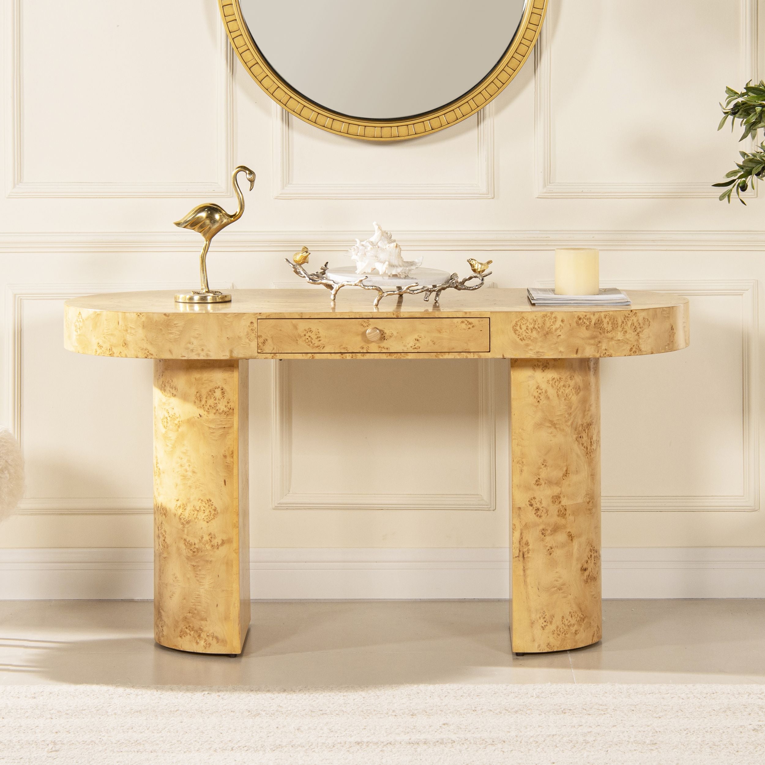 Jesse 55.5 Single Drawer Oval Computer Desk, Warm Natural Brown Burl Wood