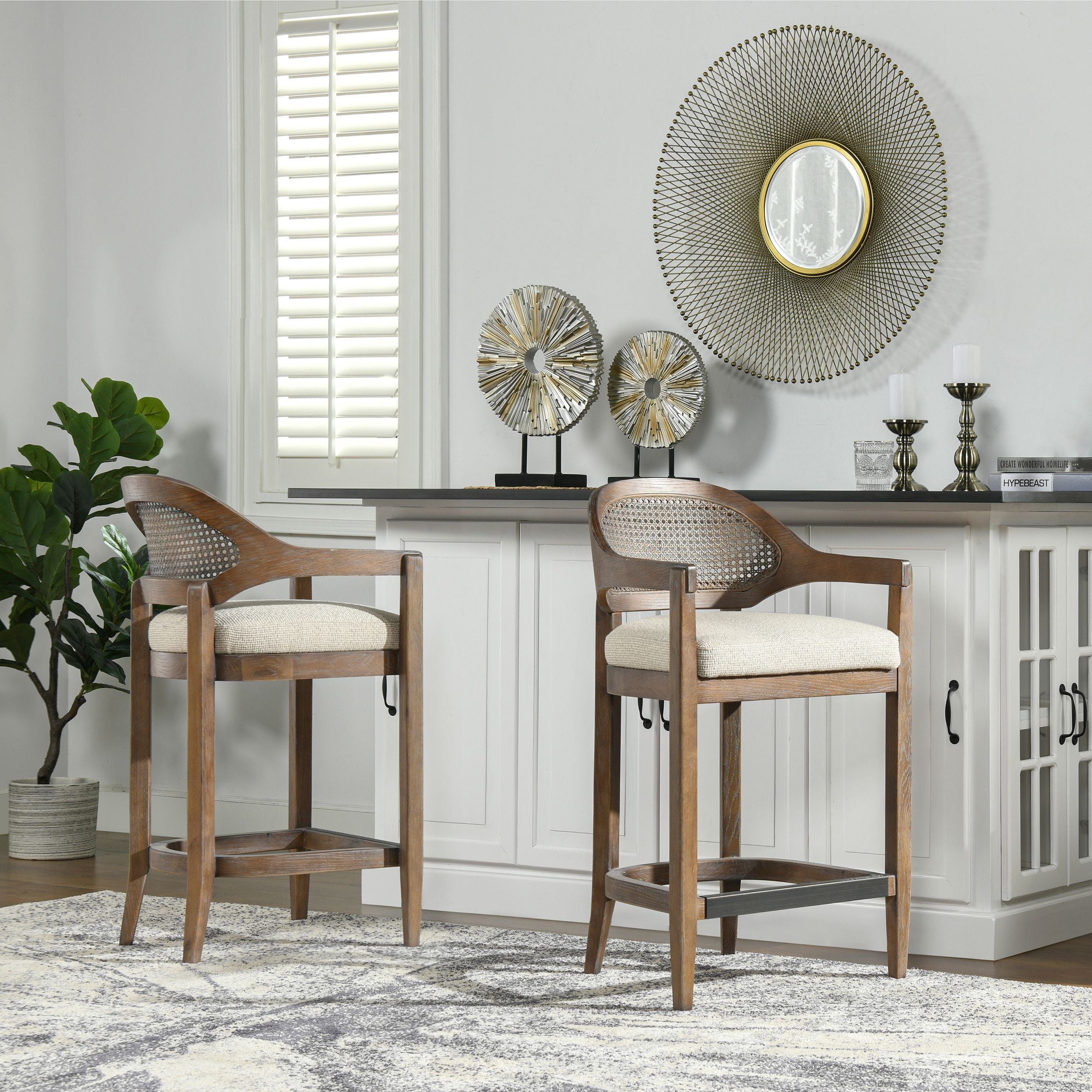 Americana Mid-Century Modern 26 Cane Back Counter Stool, Taupe Beige Textured Weave