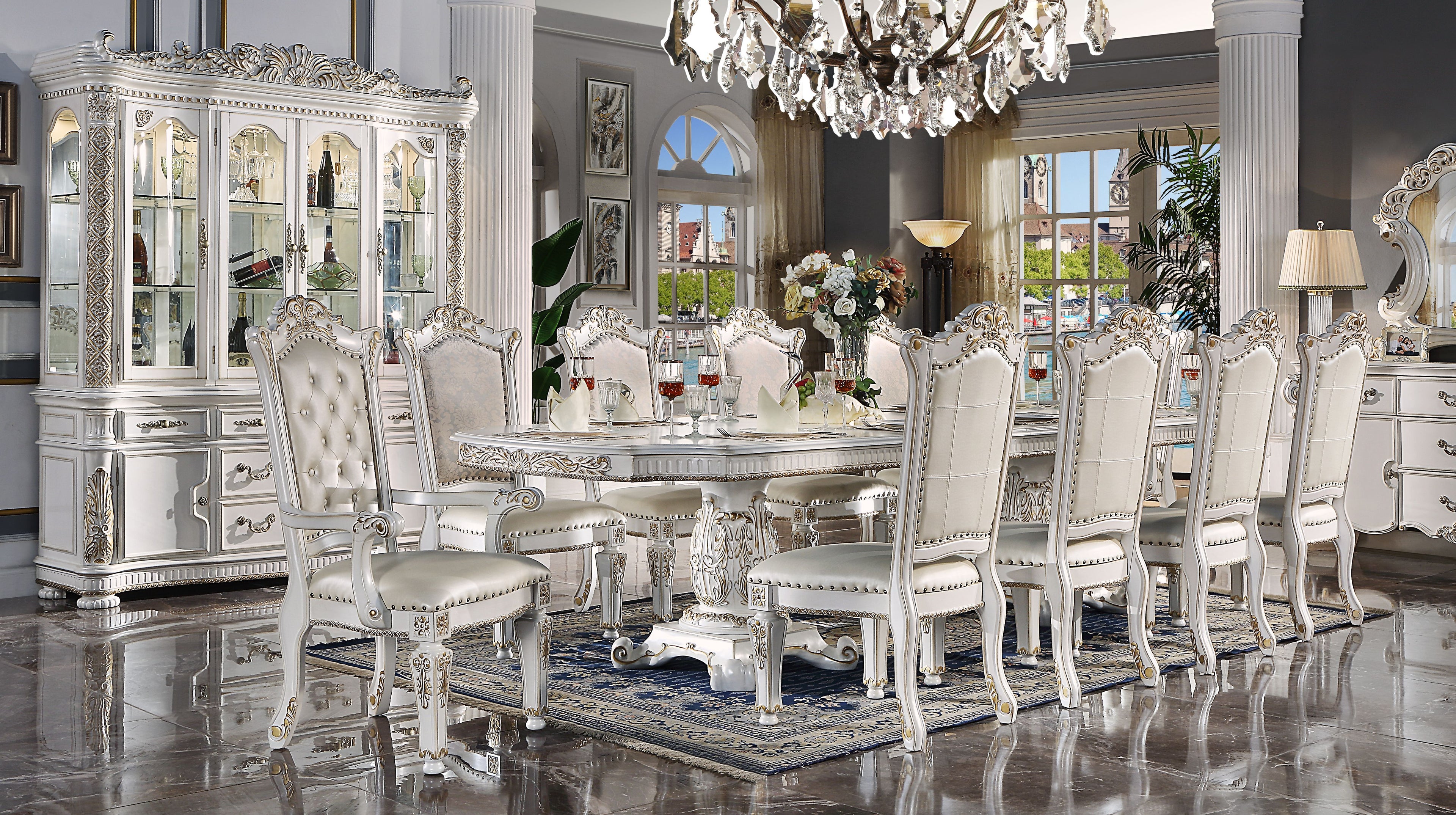 ACME Vendom Dining Table w/Double Pedestal, Antique Pearl Finish DN01346