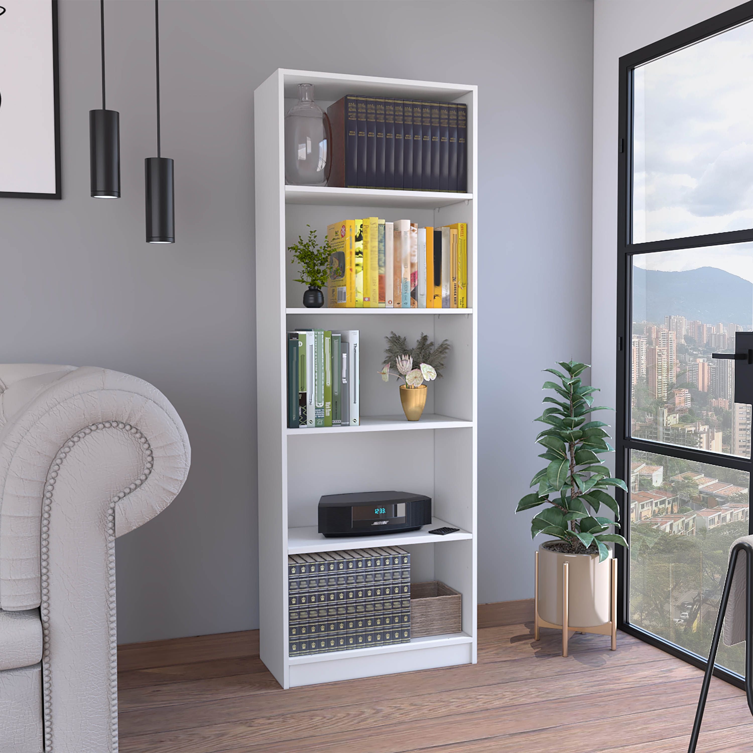 DEPOT E-SHOP Vinton 4-Tier Bookcase with Modern Storage for Books and Decor, White