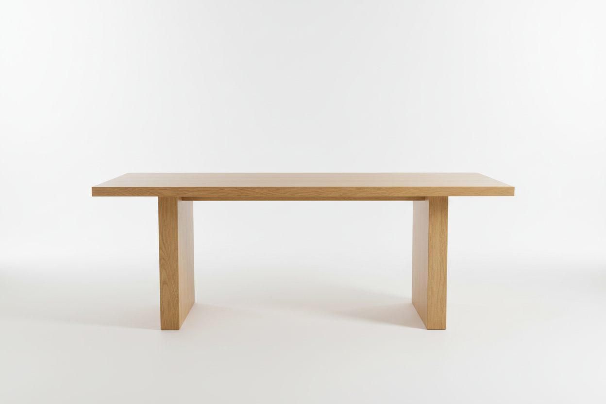 Modern oak dining table with natural wood grain and minimalist design