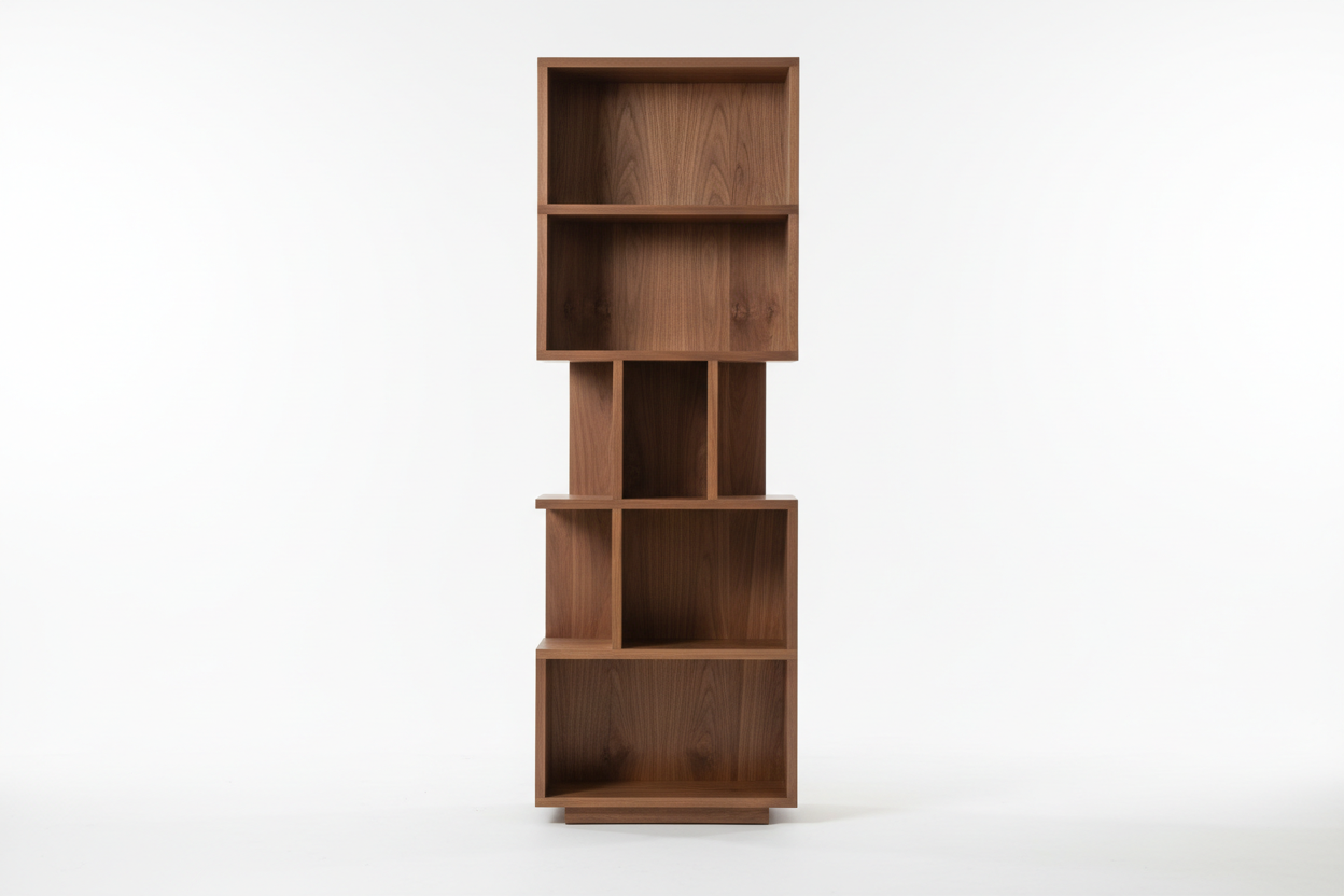 Tall walnut wood bookshelf with open shelves and warm brown tones