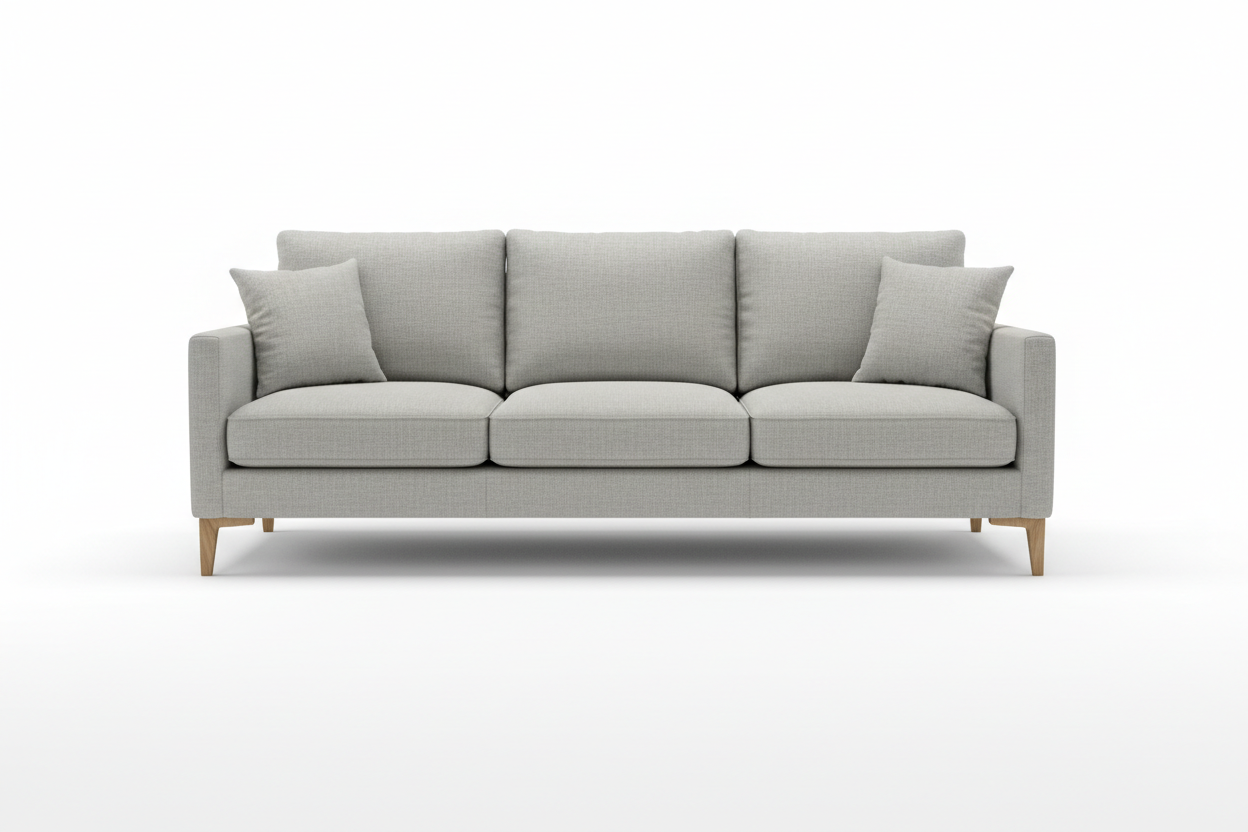 Light grey linen 3-seater sofa with wooden legs