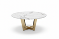 Round marble coffee table with white and grey veining and brass gold legs
