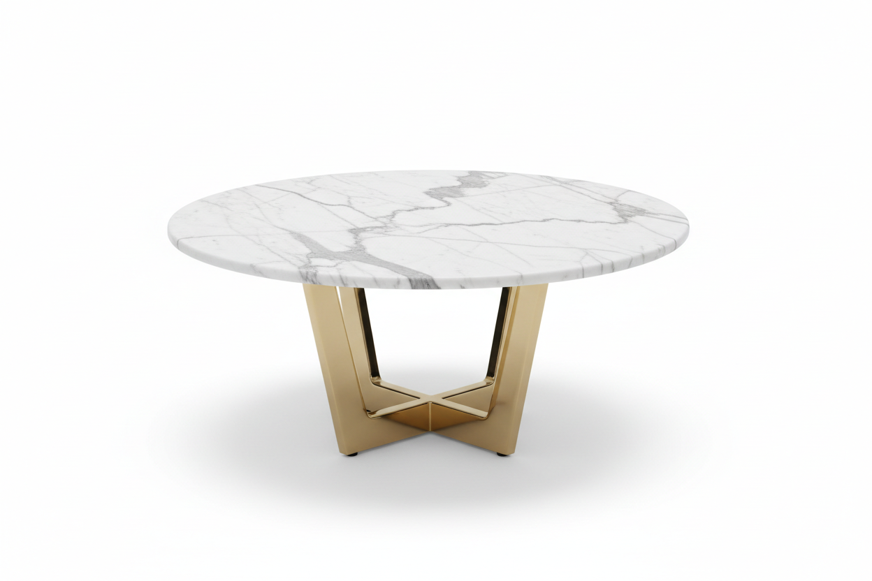 Round marble coffee table with white and grey veining and brass gold legs