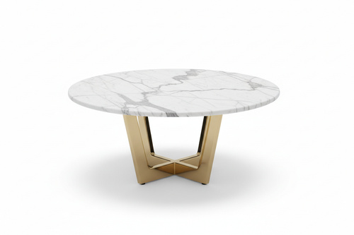Round marble coffee table with white and grey veining and brass gold legs